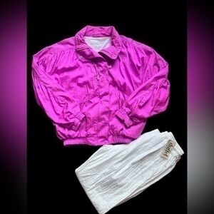 Vtg Duffel Sportswear Nylon Zip women's hot pink+white pants size Large